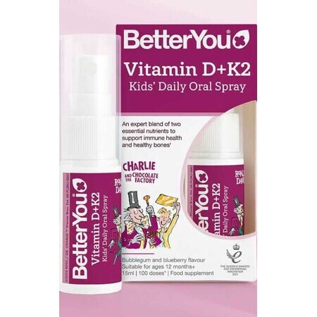 BetterYou Vitamine D+K2 Spray dagelijks oraal voor kinderen Vitamine D3 + K2 15 ml