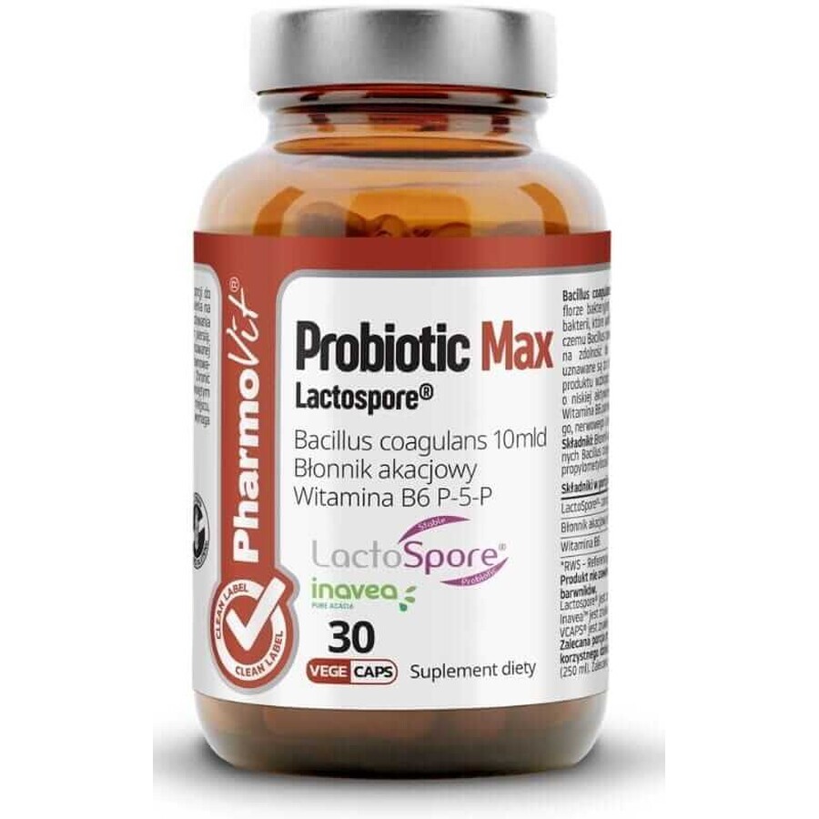 Probiótico Max Lactospore 30 cápsulas PharmoVit Clean Label