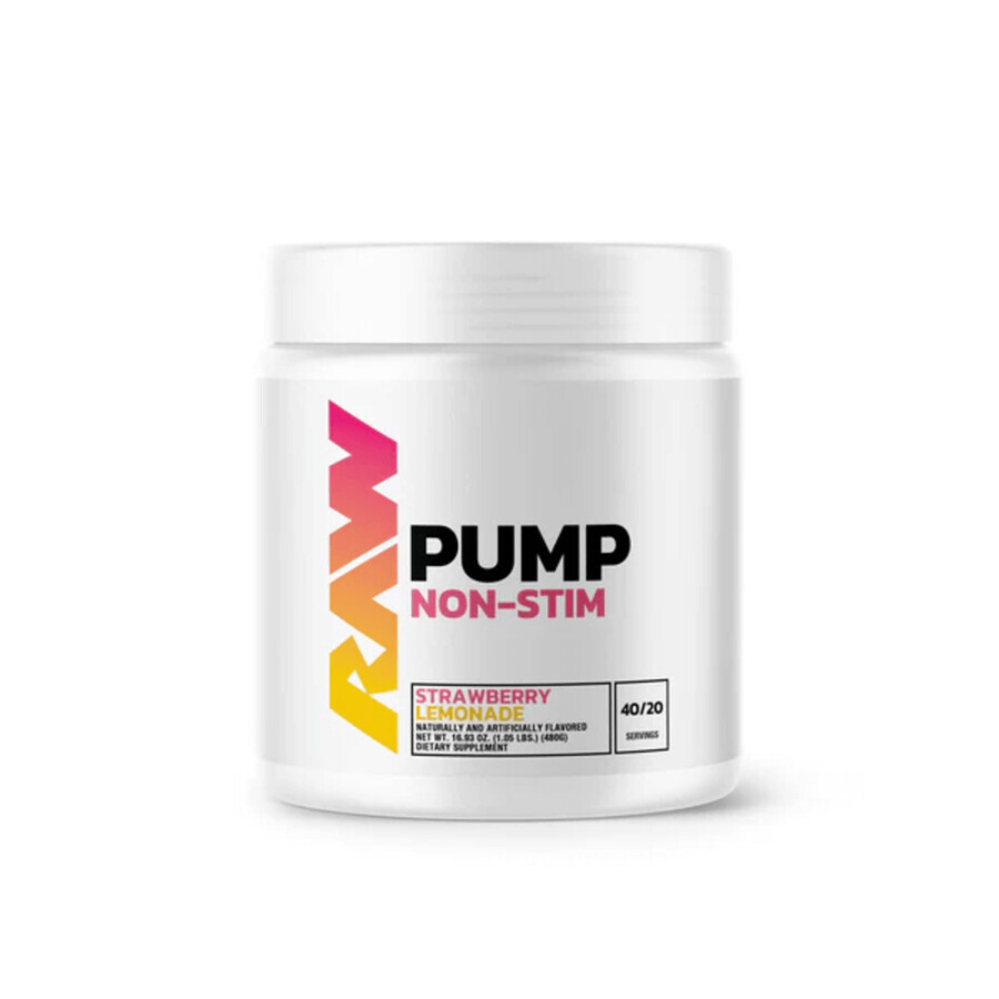 Pre Workout Pump Non Stim, 480 g, limonade à la fraise, Raw Nutrition