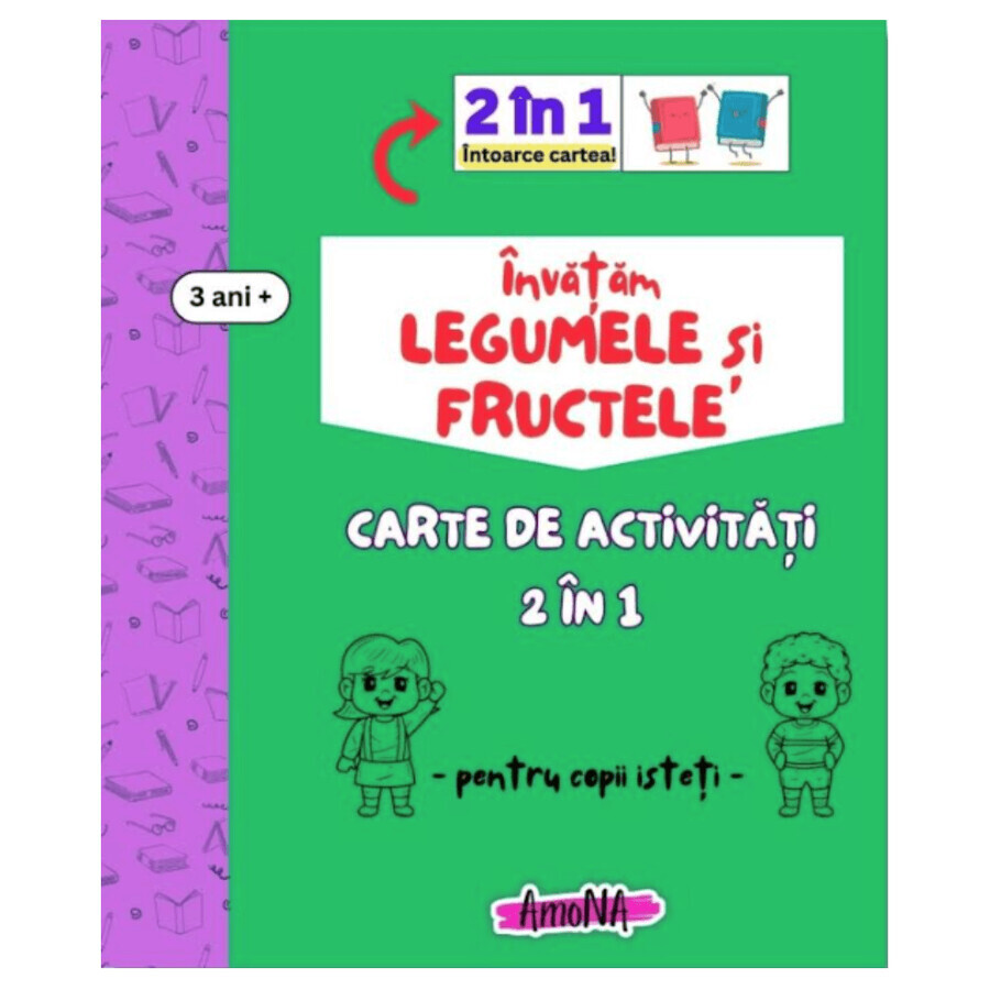 Libro de actividades 2en1 Aprender frutas y verduras, +3 años, Amona