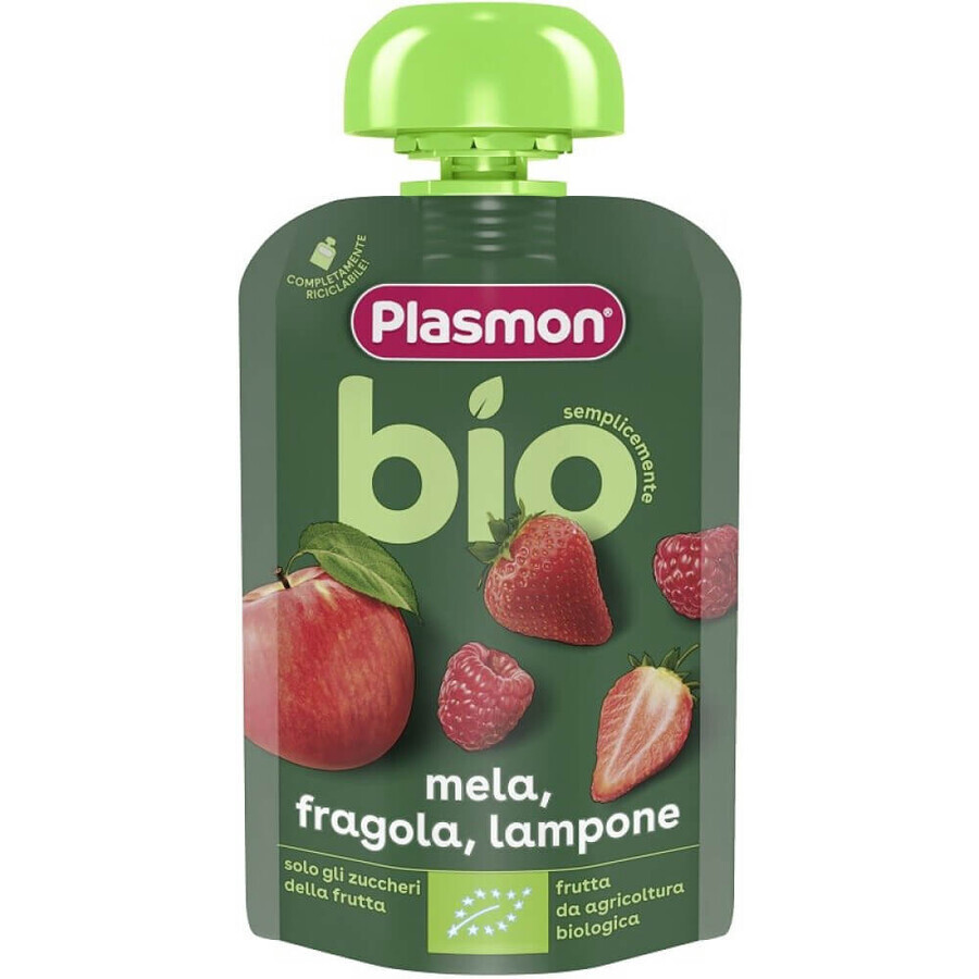 Bio-Püree aus Erdbeeren, Himbeeren und Äpfeln, + 6 Monate, 100 g, Plasmon