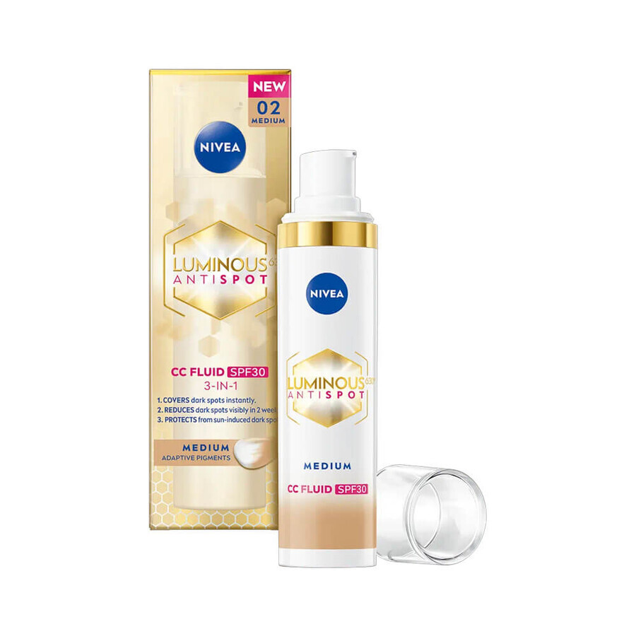 Cream-Fluid CC 3 en 1 con FPS 30 Luminosa, Medio 02, 30 ml, Nivea