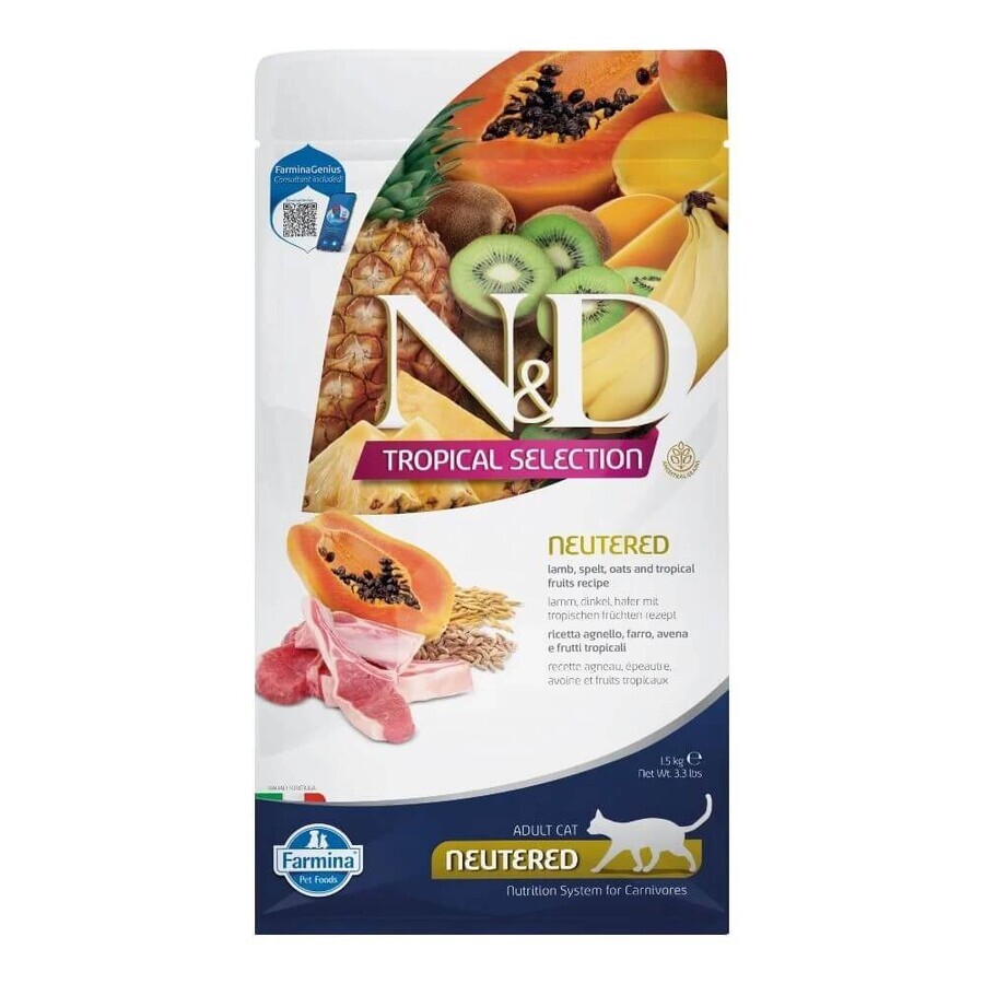 Pienso seco con cordero para gatos N&D Tropical Selection Adult Sterilised, 1500 g, Farmina