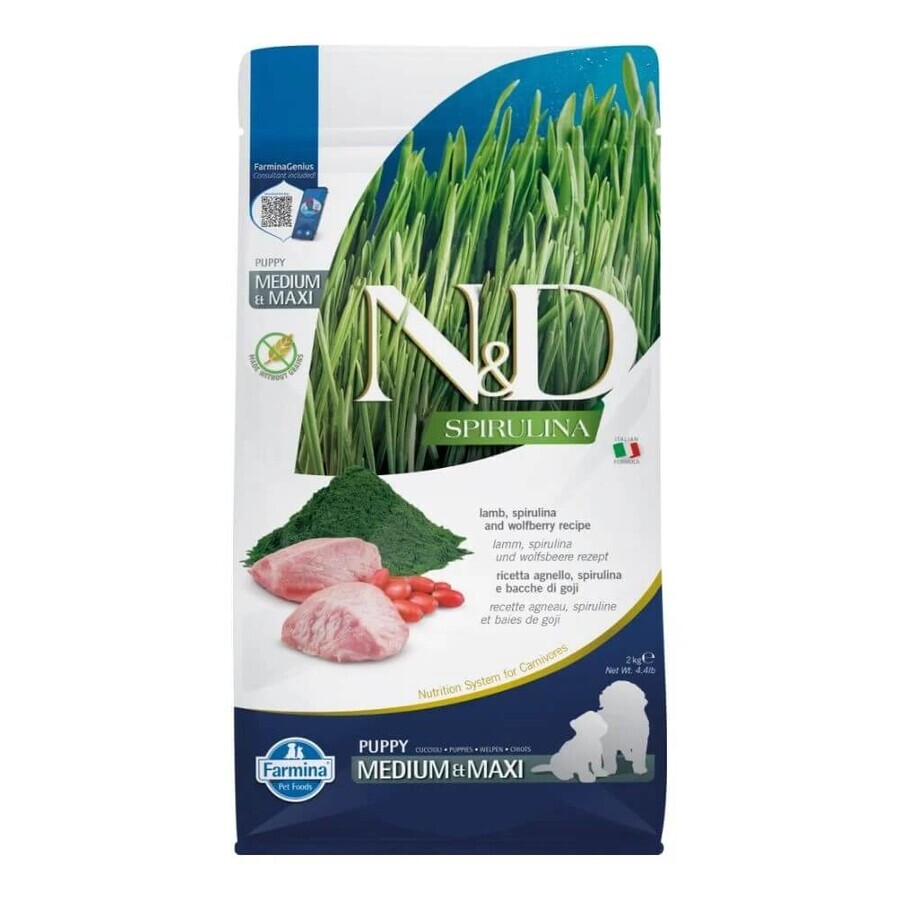 Alimento seco de cordero para perros N&D Spirulina Medium/Maxi Puppy, 2000 g, Farmina