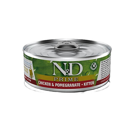 Comida húmeda con pollo y granada para gatitos y gatas gestantes N&D Prime Kitten, 70 g, Farmina