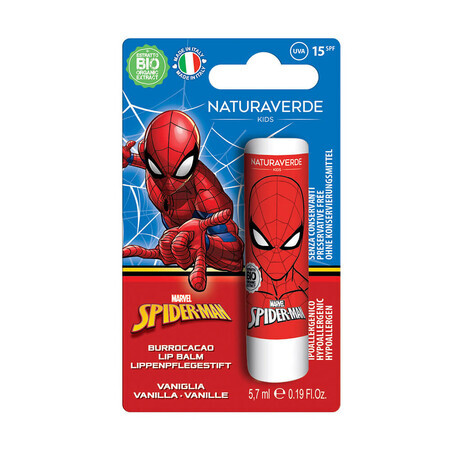 Balsam de buze cu SPF 15 si aroma de vanilie Spiderman, +3 ani, 5.7 ml, NaturaVerde