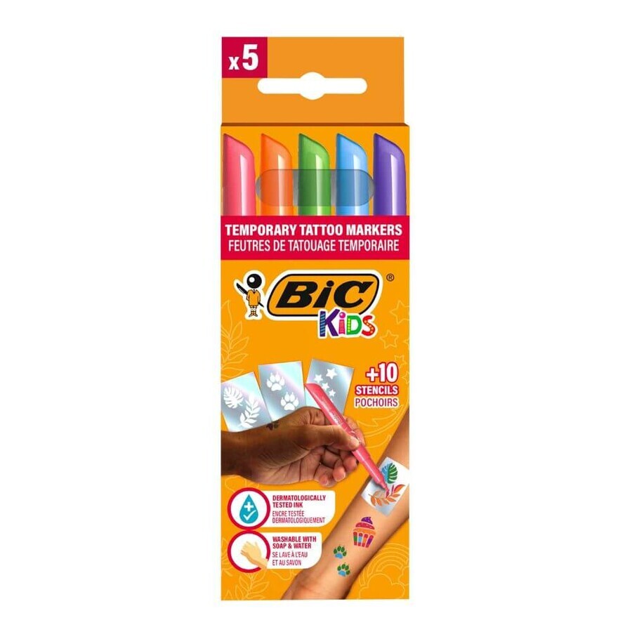 Kids temporary tattoos, 6-12 years, 5 markers + 10 stamps, BIC