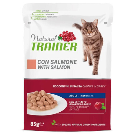 Comida húmeda en bolsita con salmón para gatos adultos, 85 g, Natural Trainer