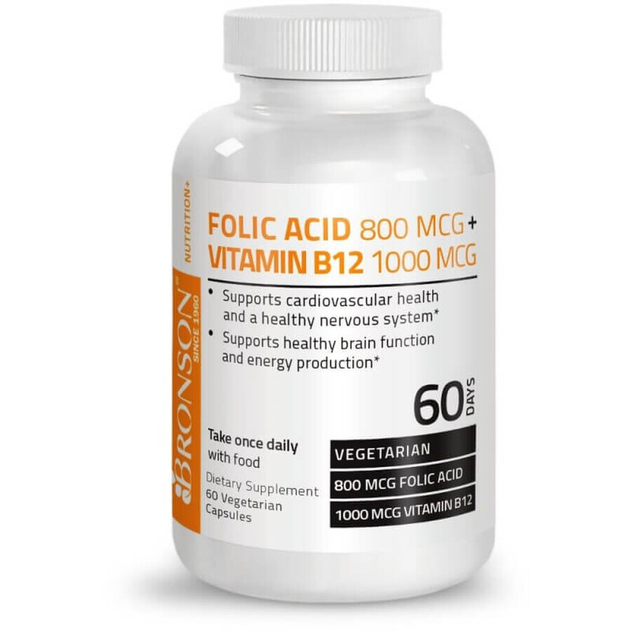 Ácido fólico 800 mcg y vitamina B12 1000mcg, 60 cápsulas, Bronson