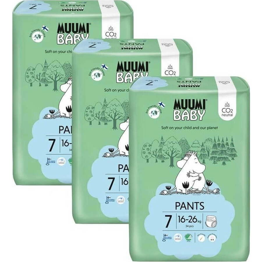 Muumi Baby Pants 7 XL 16-26 kg, 1×102pcs paquete mensual de pañales orgánicos, pañales orgánicos