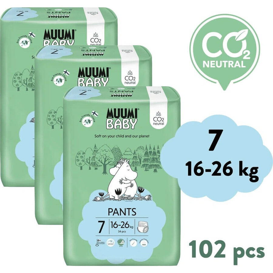 Muumi Baby Pants 7 XL 16-26 kg, 1×102pcs paquete mensual de pañales orgánicos, pañales orgánicos