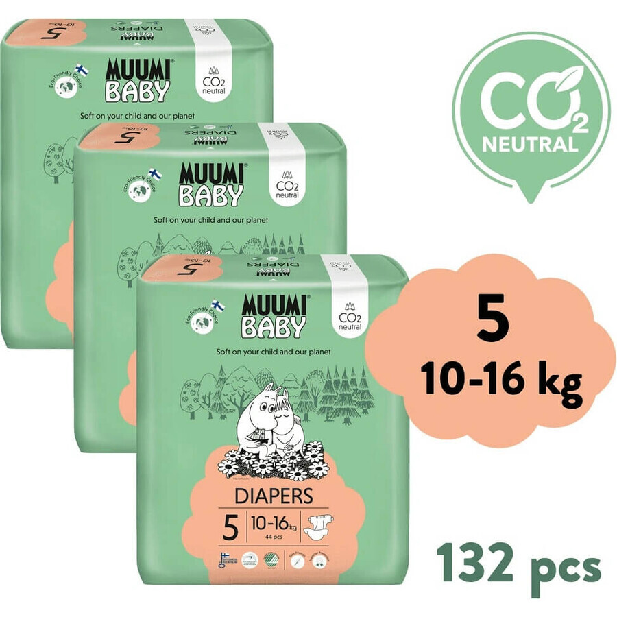 Muumi Baby 5 Maxi+ 10-16 kg, 1×132pcs paquete mensual de pañales ecológicos, Pañales ECO