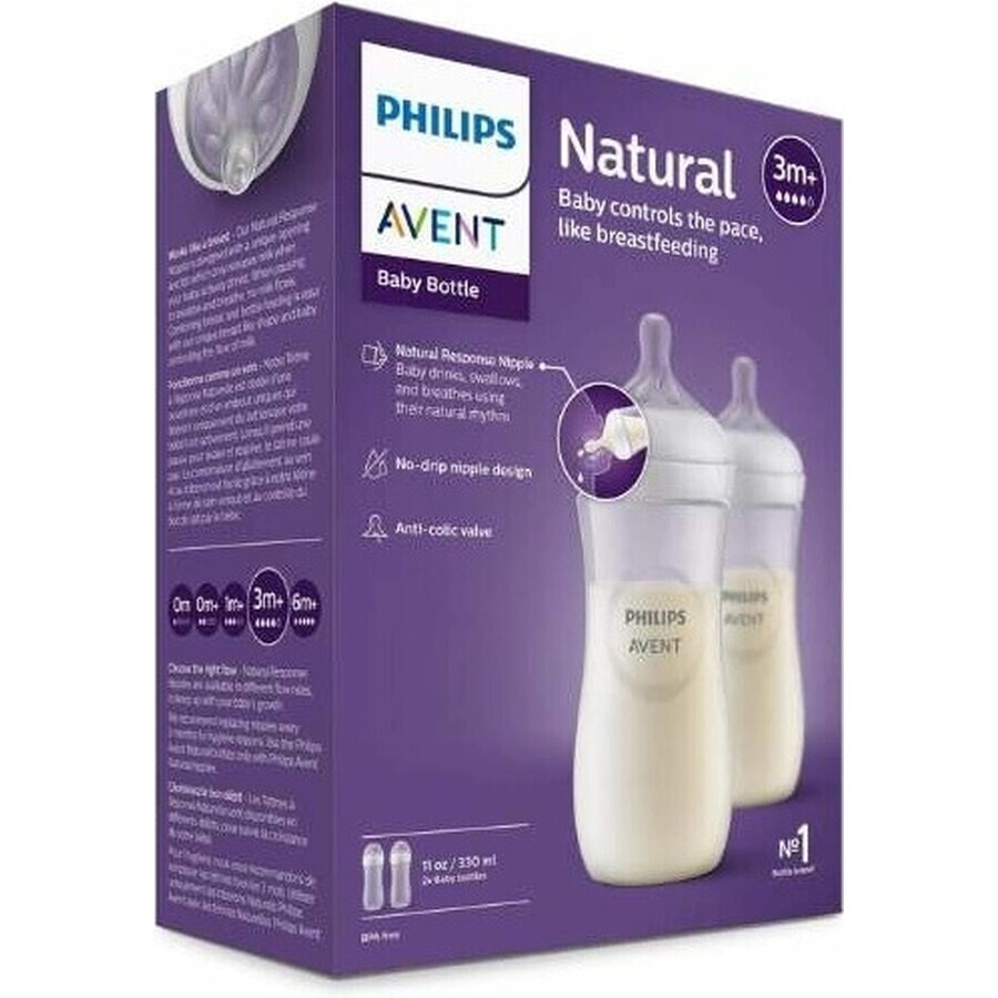 Philips AVENT Natural Response Biberón 330 ml, 3m+ 2 unidades 1×2 unidades 1×2 Biberón, vidrio