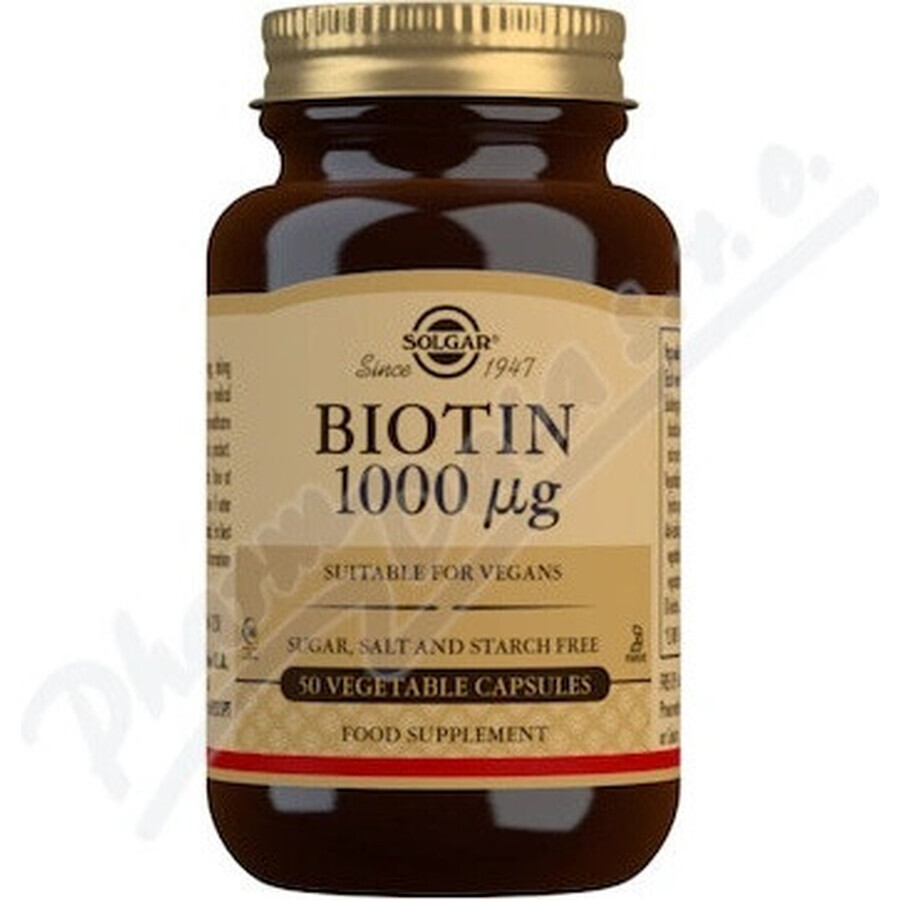 Solgar Biotina 1000 μg Para cabello y piel 50 cápsulas 1×50 cps, complemento alimenticio.