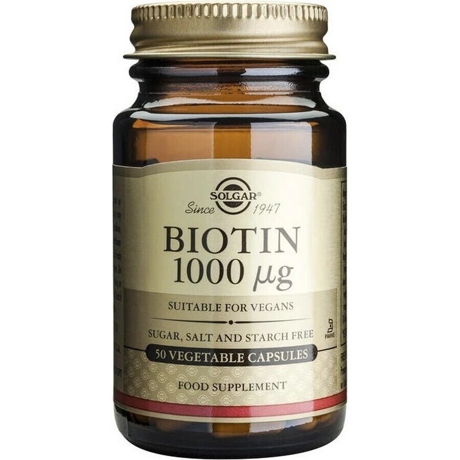 Solgar Biotina 1000 μg Para cabello y piel 50 cápsulas 1×50 cps, complemento alimenticio.