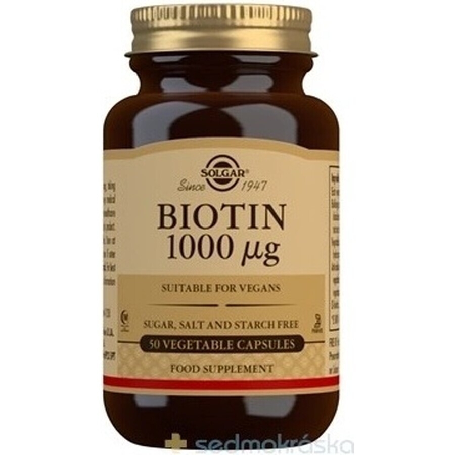 Solgar Biotina 1000 μg Para cabello y piel 50 cápsulas 1×50 cps, complemento alimenticio.