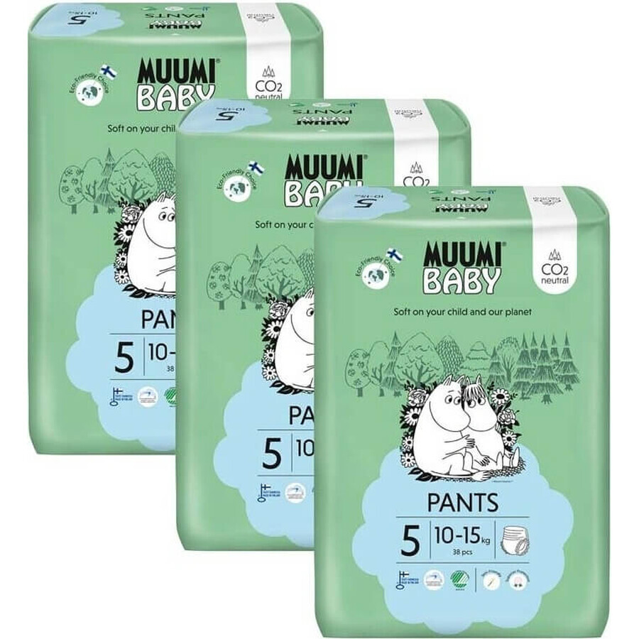 Muumi Baby Pants 5 Maxi+ 10-15 kg, paquete mensual de eco pañales 1×114pcs, eco pañales