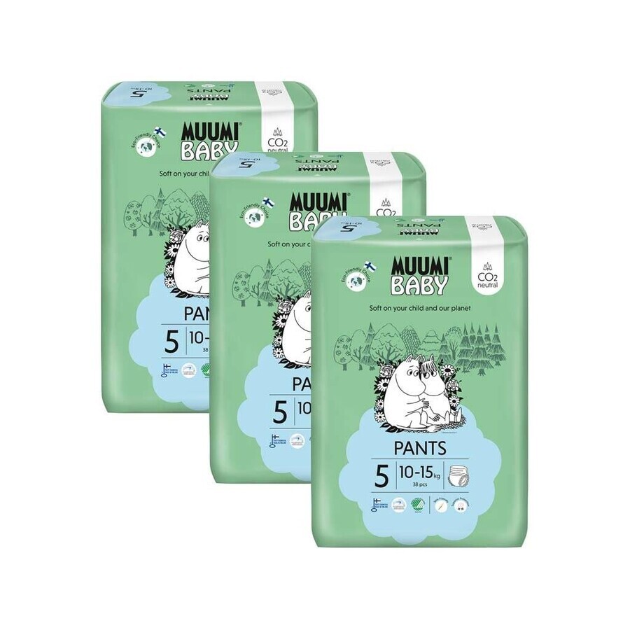 Muumi Baby Pants 5 Maxi+ 10-15 kg, paquete mensual de eco pañales 1×114pcs, eco pañales