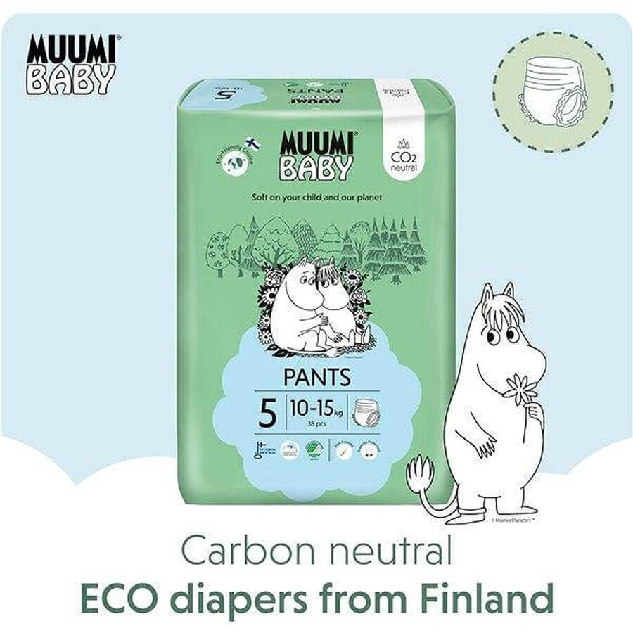 Muumi Baby Pants 5 Maxi+ 10-15 kg, paquete mensual de eco pañales 1×114pcs, eco pañales