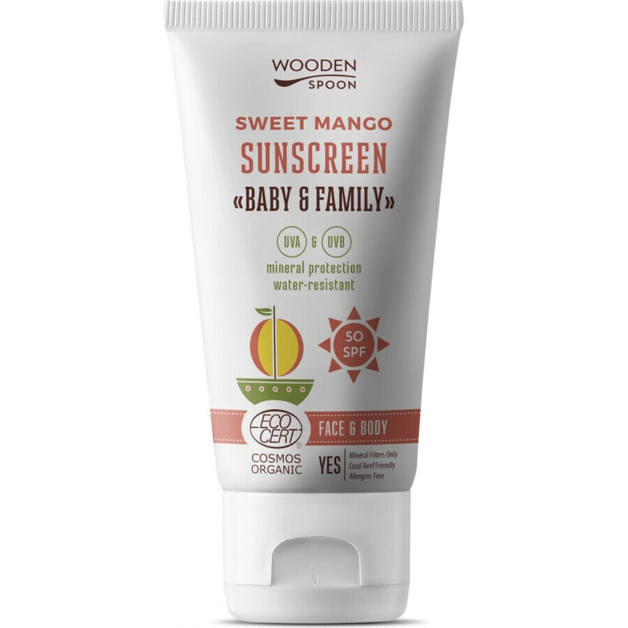 Cuchara de Madera Loción Solar Corporal Mango Bebé y Familia SPF 50 1×100 ml