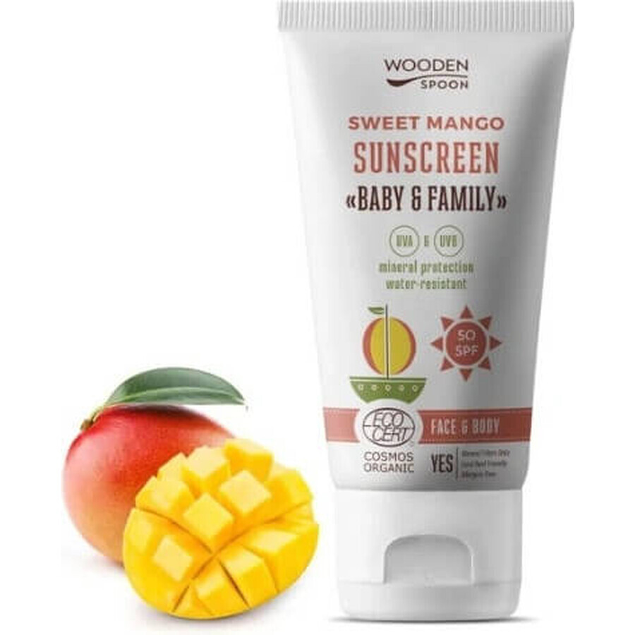 Cuchara de Madera Loción Solar Corporal Mango Bebé y Familia SPF 50 1×100 ml