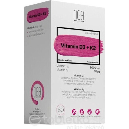 nesVITAMINS Vitamine D3 2000 U.I. + K2 70 μg 1×60 cps, complément alimentaire