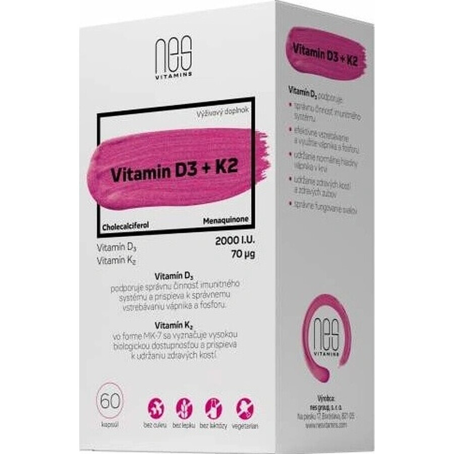 nesVITAMINS Vitamine D3 2000 U.I. + K2 70 μg 1×60 cps, complément alimentaire