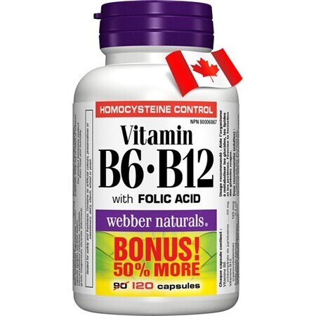 WEBBER NATURALS Vitamina B6+B12+Ácido fólico 1×120 cps, complemento alimenticio