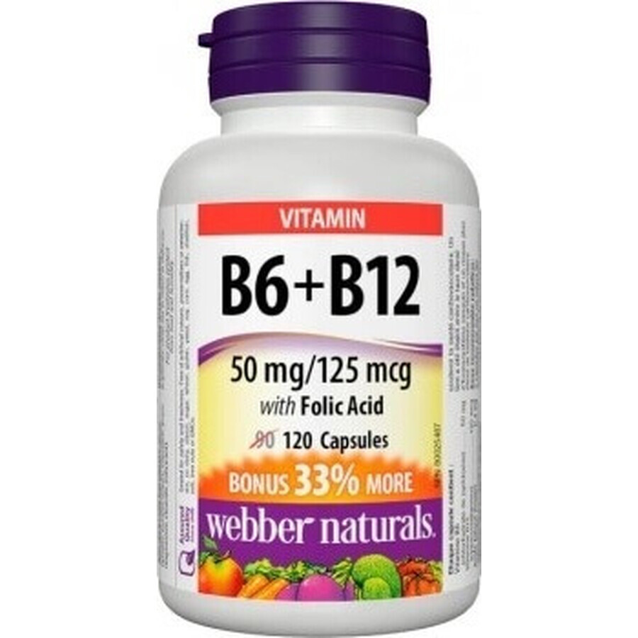 WEBBER NATURALS Vitamina B6+B12+Ácido fólico 1×120 cps, complemento alimenticio