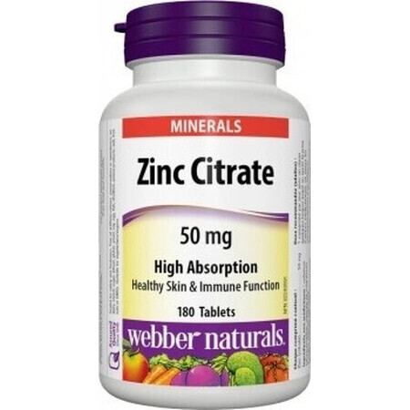 WEBBER NATURALS Zinc 50 mg Citrato 1×180 tbl, complemento alimenticio