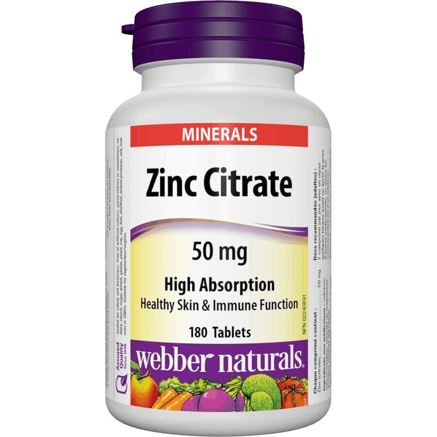 WEBBER NATURALS Zinc 50 mg Citrato 1×180 tbl, complemento alimenticio