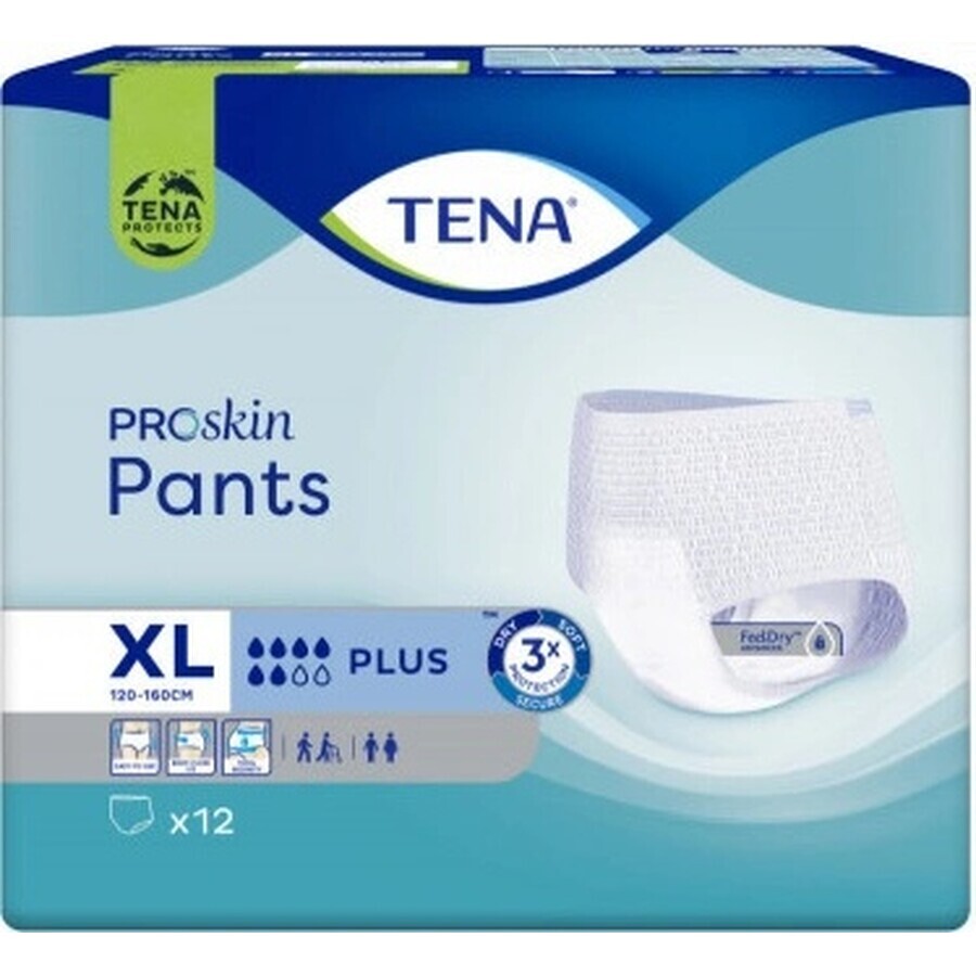 TENA PANTS PLUS EXTRA LARGE 1×12 piezas, braguita elástica absorbente, absorción 1440 ml, perímetro de cadera 120-160 cm