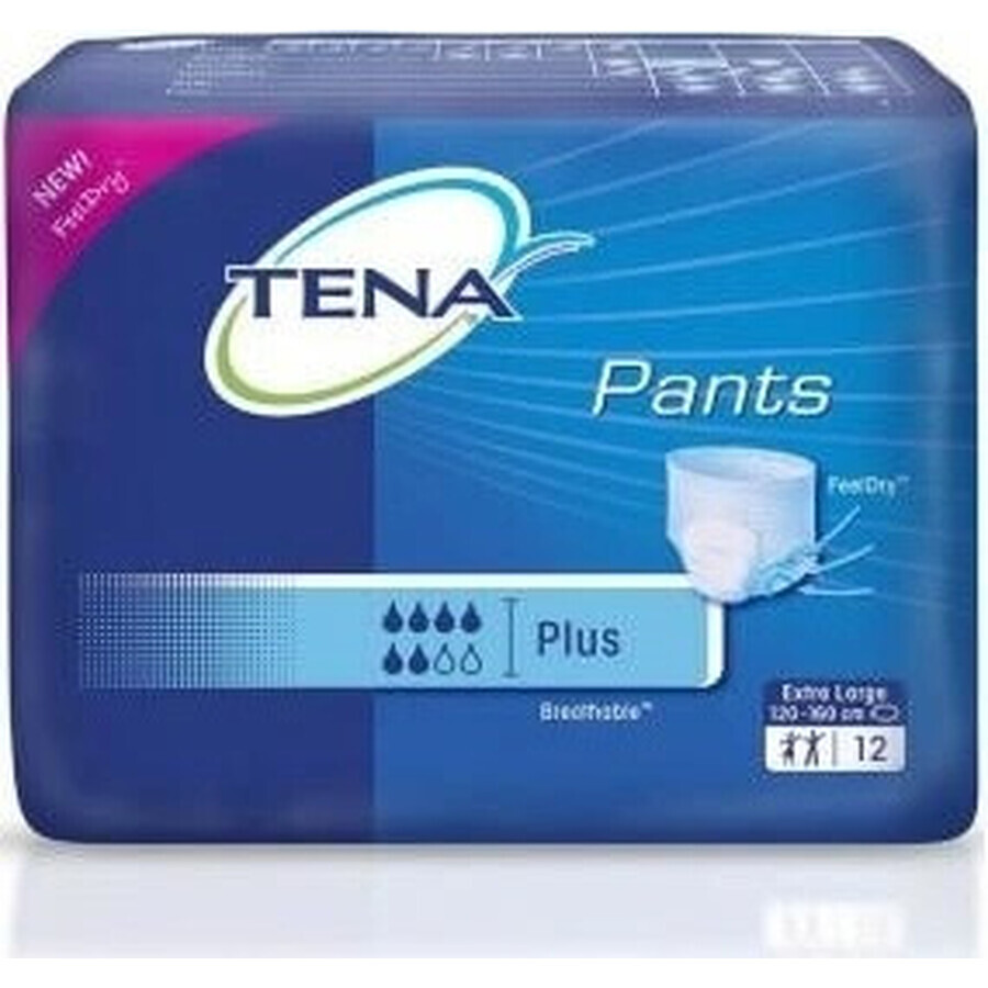 TENA PANTS PLUS EXTRA LARGE 1×12 piezas, braguita elástica absorbente, absorción 1440 ml, perímetro de cadera 120-160 cm