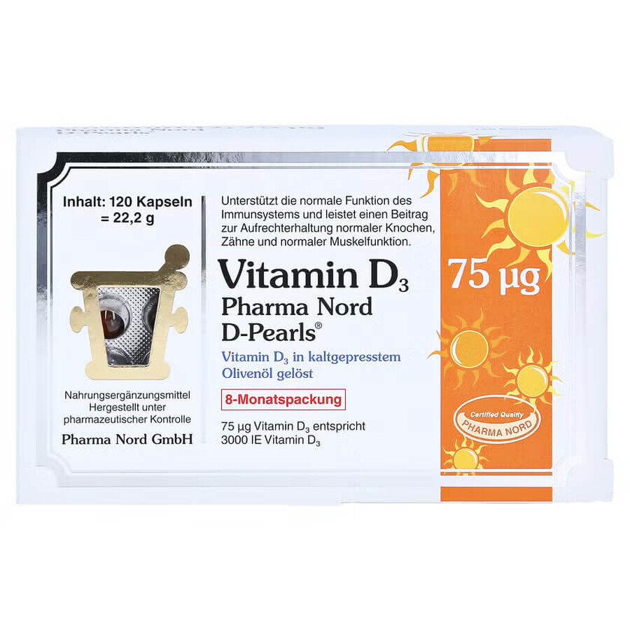 Bio Vitamin D3 3000IU D-Perlen 75 mcg, 80 Weichkapseln, Pharma Nord