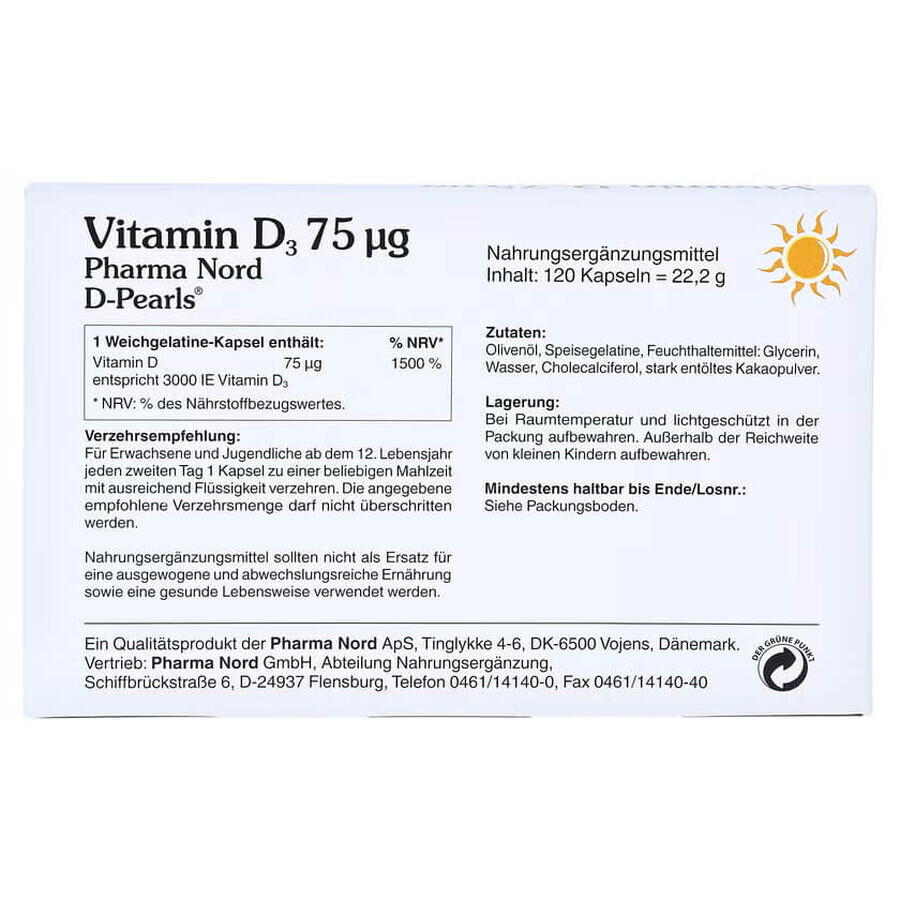 Bio Vitamin D3 3000IU D-Perlen 75 mcg, 80 Weichkapseln, Pharma Nord