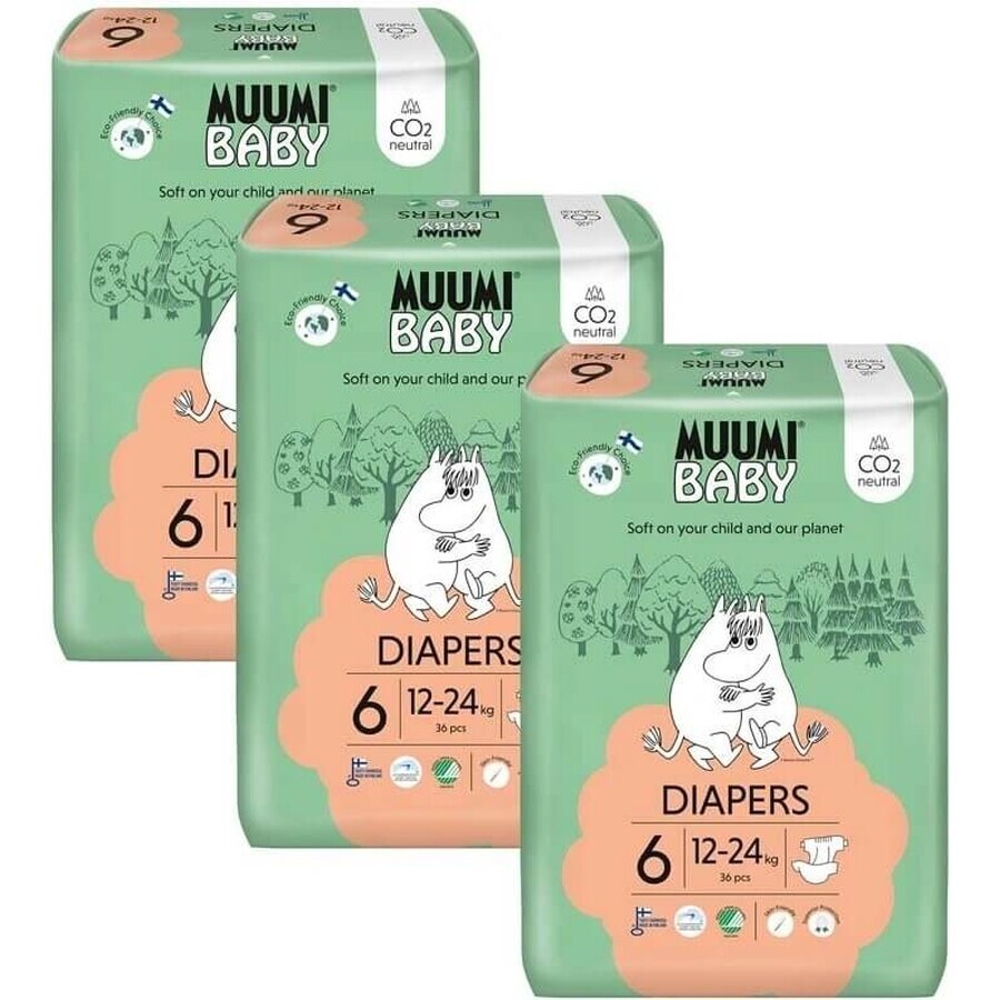 Muumi Baby 6 Junior 12-24 kg, 1×108pcs paquete mensual de pañales orgánicos, ECO Pañales