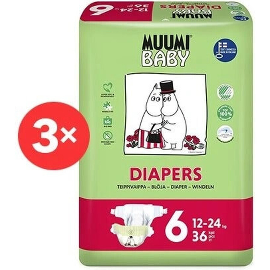 Muumi Baby 6 Junior 12-24 kg, 1×108pcs paquete mensual de pañales orgánicos, ECO Pañales