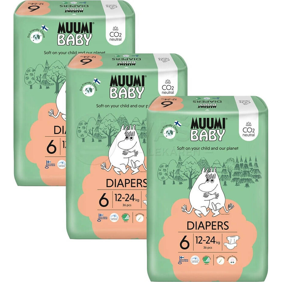 Muumi Baby 6 Junior 12-24 kg, 1×108pcs paquete mensual de pañales orgánicos, ECO Pañales