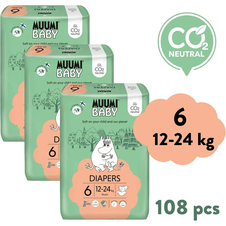 Muumi Baby 6 Junior 12-24 kg, 1×108pcs paquete mensual de pañales orgánicos, ECO Pañales