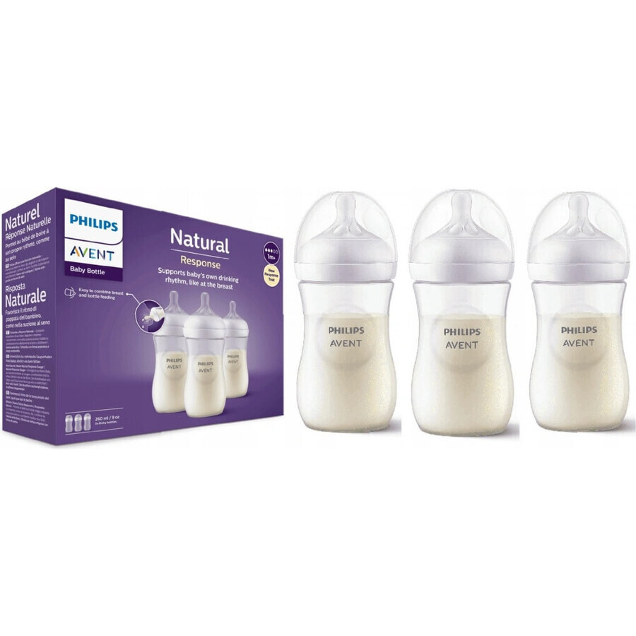 Philips AVENT Natural Response Biberón 260 ml, 1m+ 3 unidades 1×3 unidades 1×3 unidades, vidrio