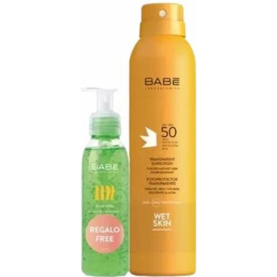 BABÉ SUN Sunscreen spray SPF 50 + Aloe vera gel, 1x1 set 1x200 + 90 ml, sunscreen spray + gift: cooling gel