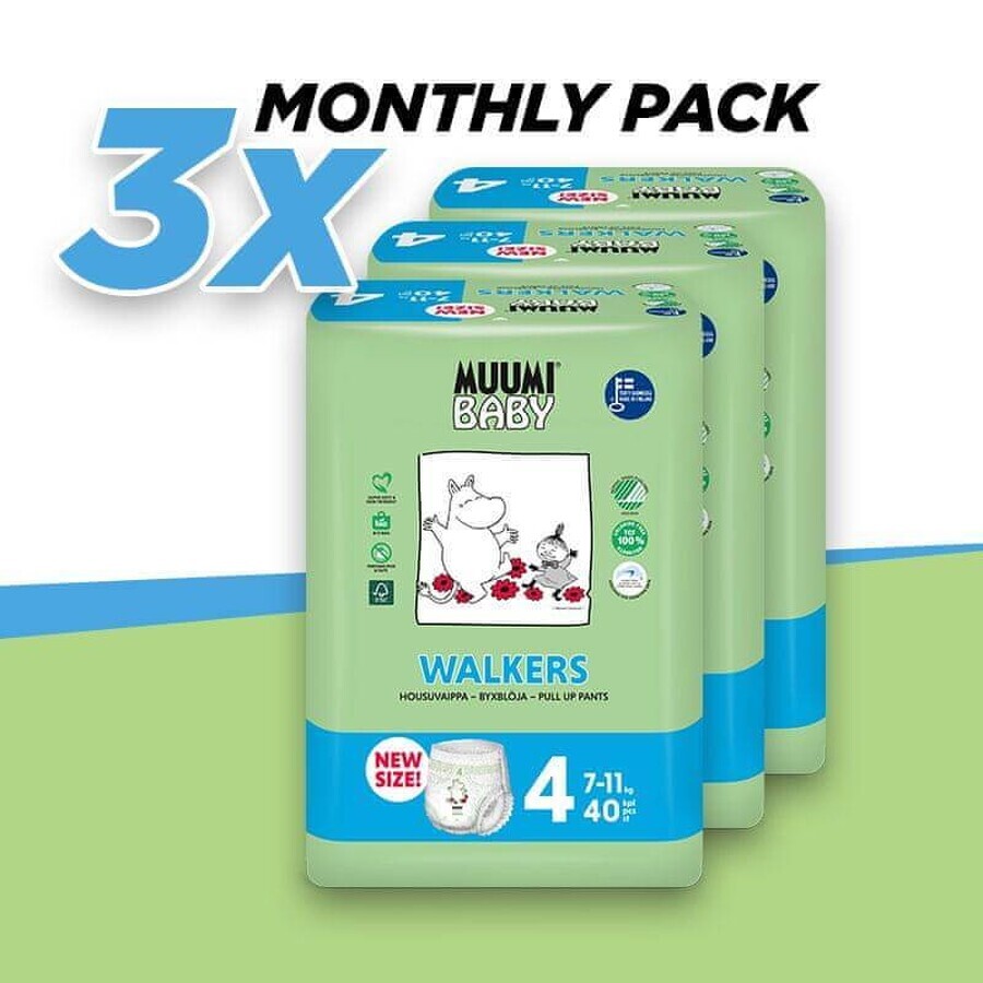 Muumi Baby Pants 4 Maxi 7-11 kg, paquete mensual de pañales ecológicos 1×120pcs, pañales ecológicos