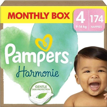 PAMPERS HARMONIE BABY DIAPERS V.4 9-14KG 174KS 1×174 buc, scutece în mărimea 4