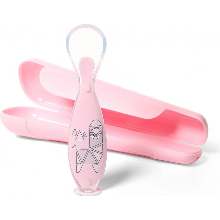 BABYONO Cucchiaio in silicone con coperchio rosa 6m+ 1×1 pz.