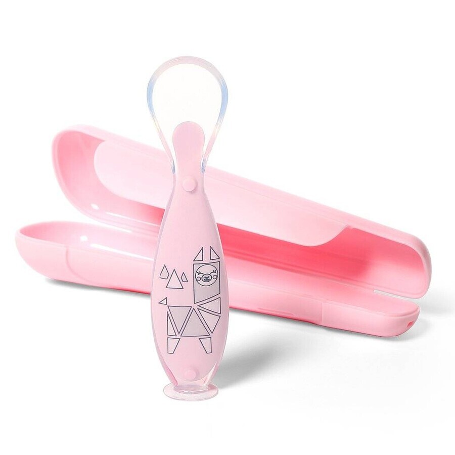 BABYONO Cucchiaio in silicone con coperchio rosa 6m+ 1×1 pz.