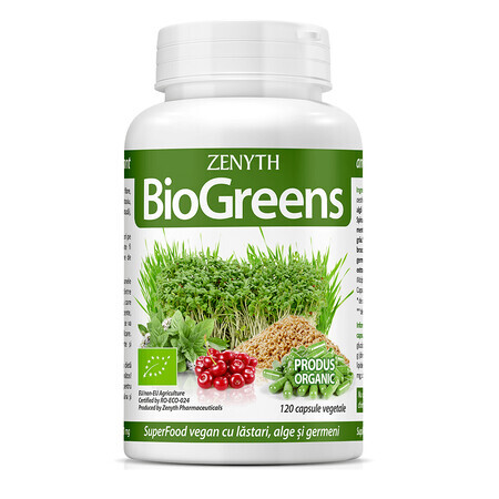 BioGreens SuperFood Bio con germinados, algas y brotes, 120 cápsulas, Zenyth