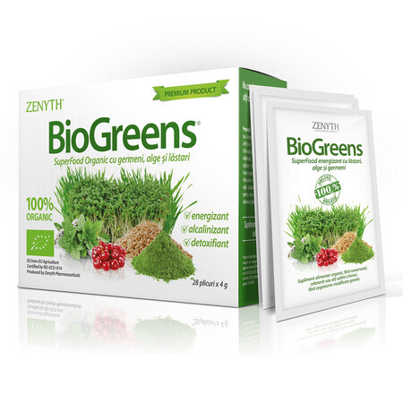 BioGreens SuperFood Bio con germinados, algas y brotes, 28 bolsitas, Zenyth