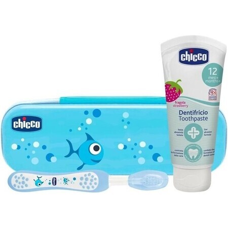 CHICCO Siempre Sonriente cepillo de dientes y pasta de dientes conjunto con caja Siempre Sonriente azul 12m + 1×1 piezas