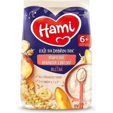HAMI Terci de lapte cu banane și semolă cu piersici 1×210 g, terci de semolă