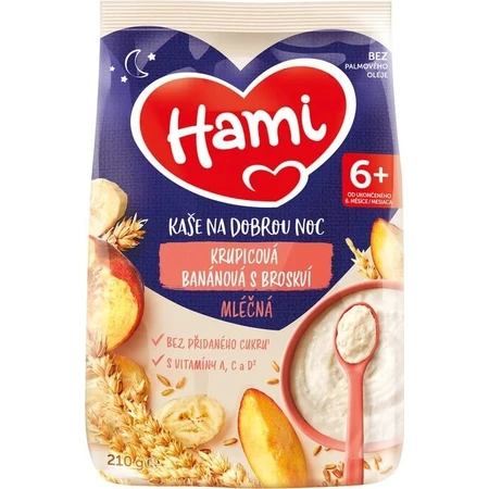 HAMI Terci de lapte cu banane și semolă cu piersici 1×210 g, terci de semolă